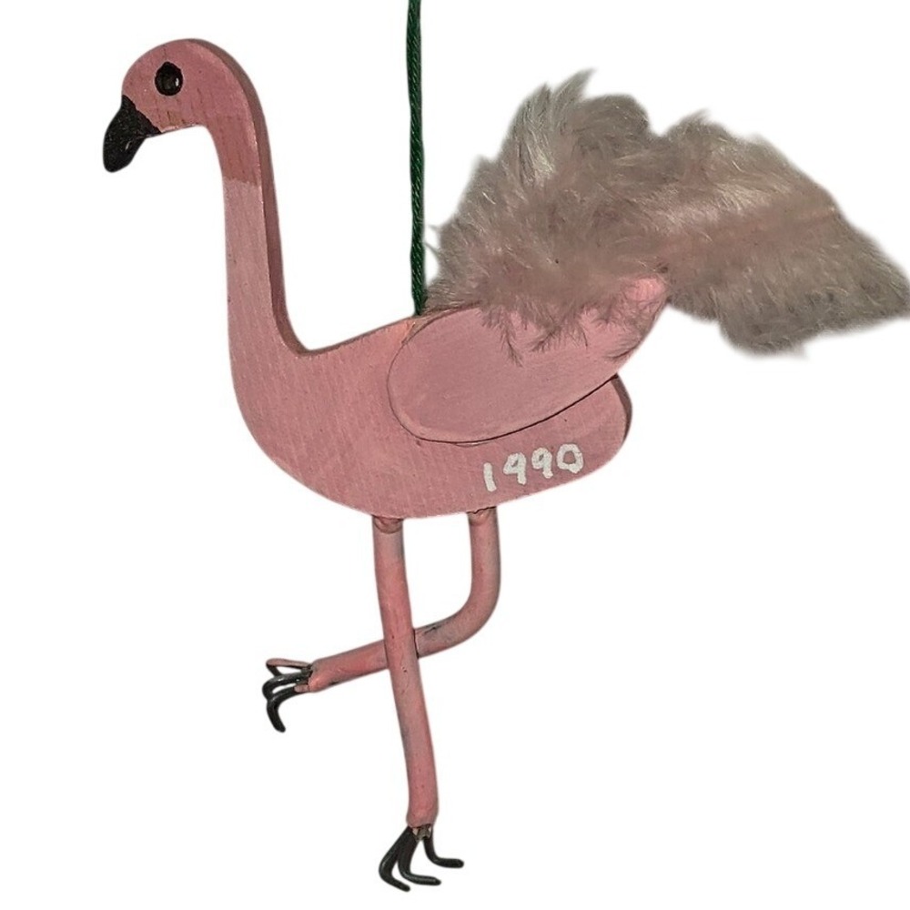 Wooden Flamingo Ornament Hanging Real Feather Pink Fork Feet Handmade 1990